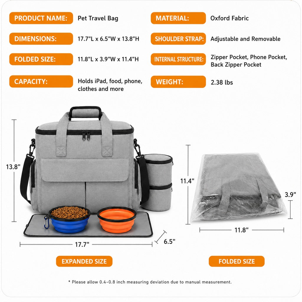 Ortekor Pet Travel Bag for Dogs & Cats โ Weekend Road Trip Organizer with Collapsible Bowls, Food Storage, Pockets & Luggage Sleeve
