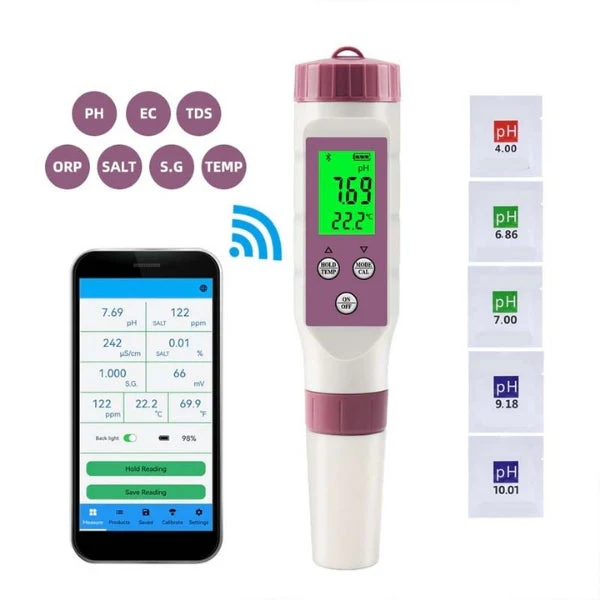 Electronic Pool Water Tester | 7-in-1 Smart Pool Water Test Kit with Bluetooth App | pH, ORP, EC, TDS & Salinity Meter