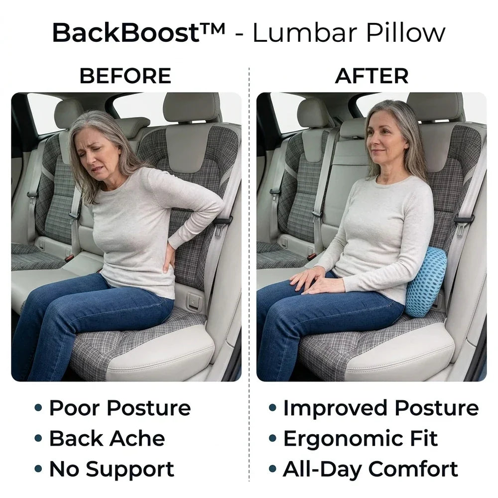 Lumbar support cushion, ergonomic contour, back
