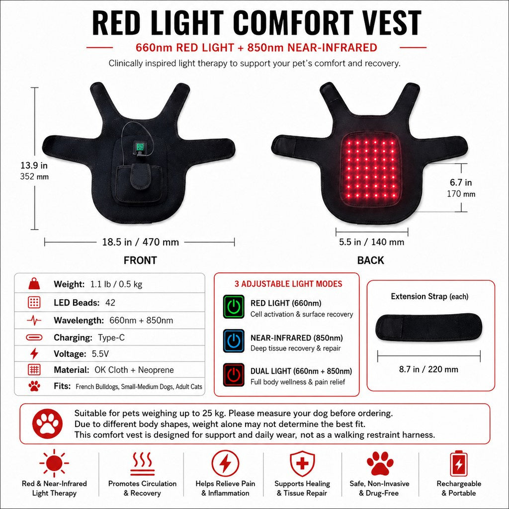 Ortekor FrenchieGlow Red Light Comfort Vest for French Bulldogs - USB-Powered or Built-In Battery At-Home Back, Belly & Hip Comfort After Walks, Stairs & Playtime