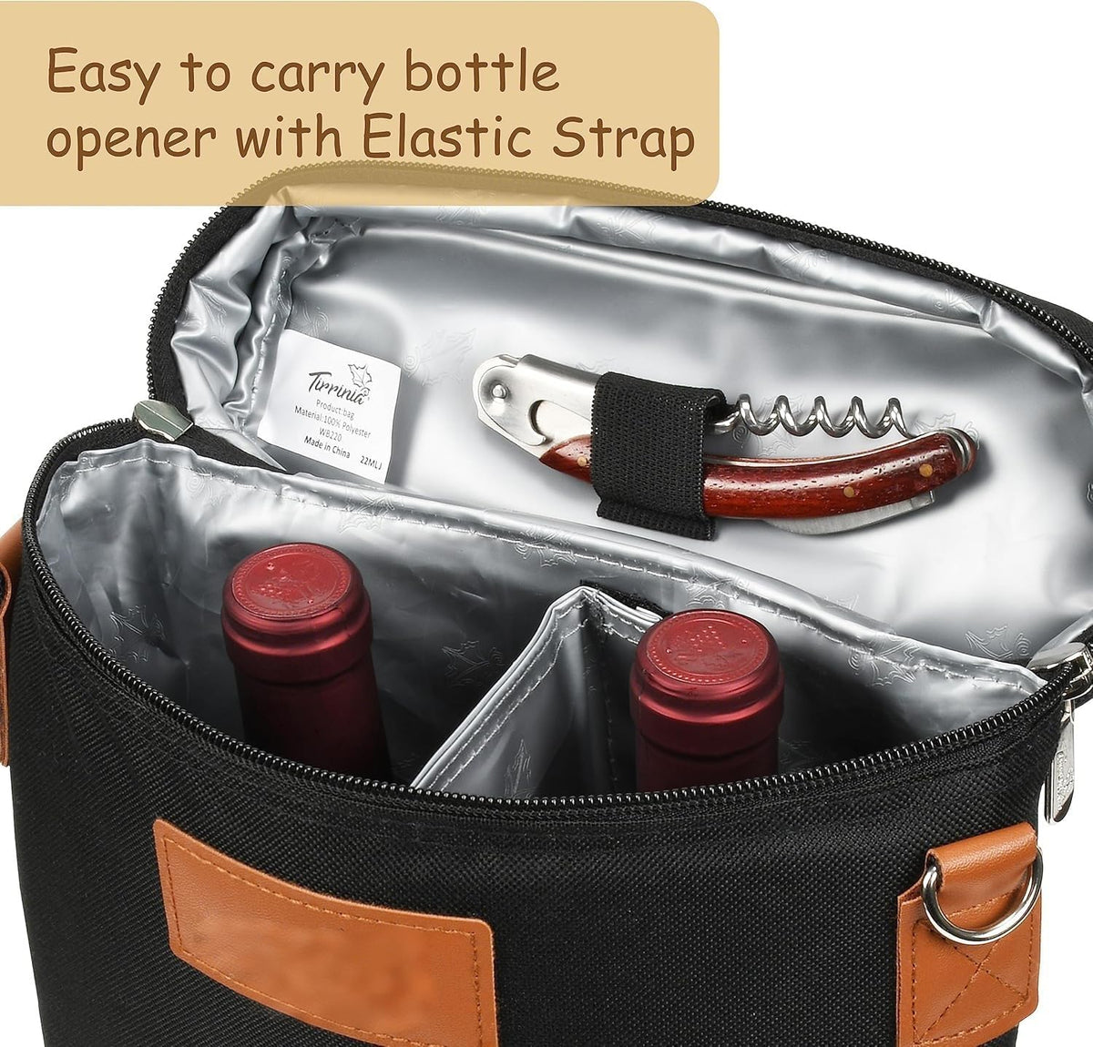 Double-Bottle Wine Tote with Padded Divider & Insulated Lining for Picnics, Travel, Parties