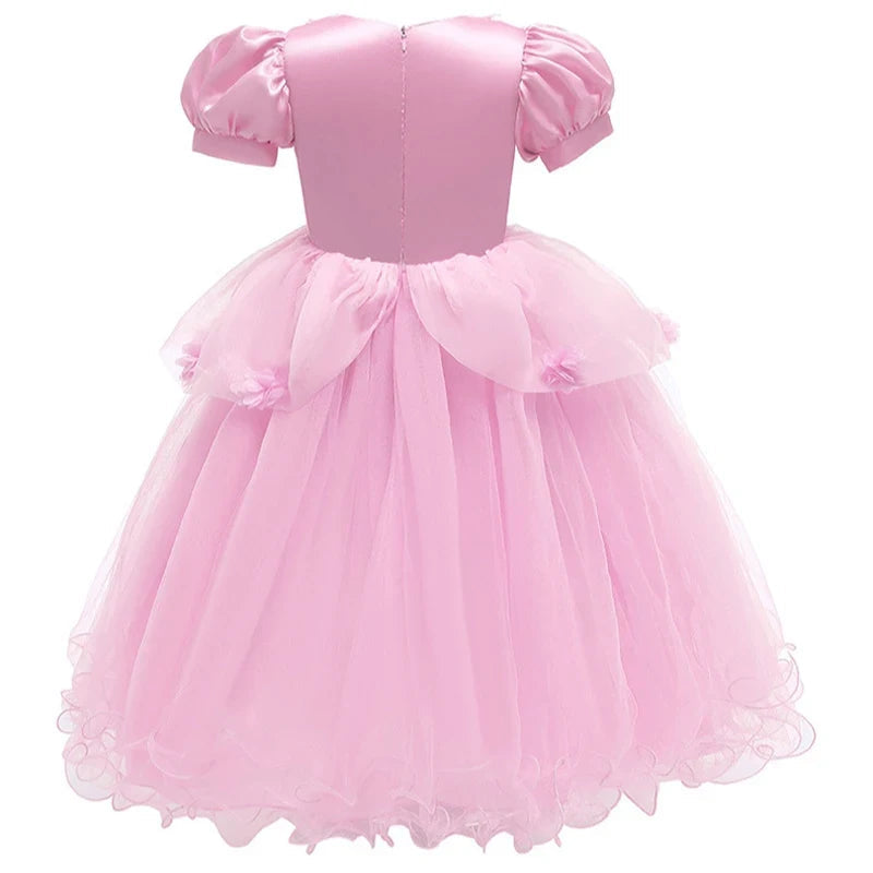 Girls Dress Princess Lace Party Gown with Puff Sleeves, Princess Dresses for Girls Birthday Halloween Costume Ages 3 to 10