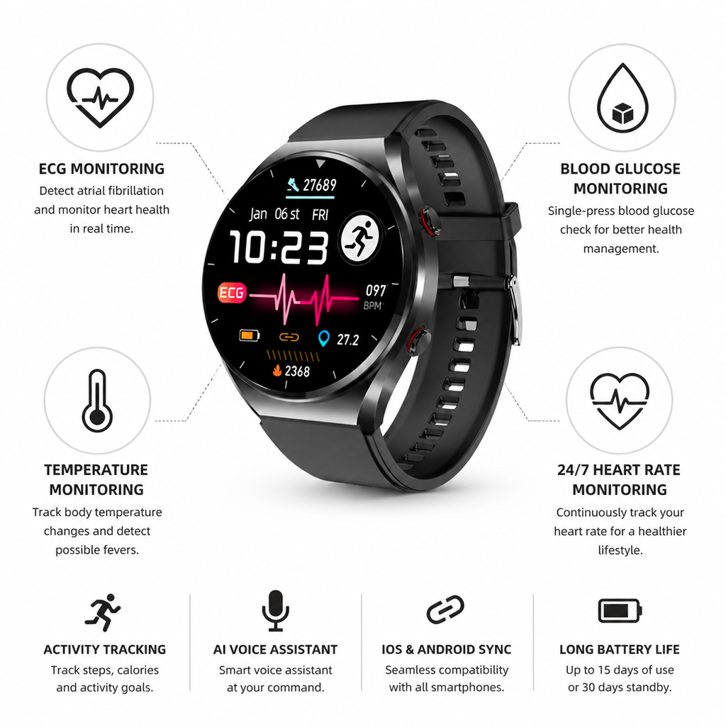 ECG & Afib Detection Blood Glucose 15-Day Battery Health Smartwatch