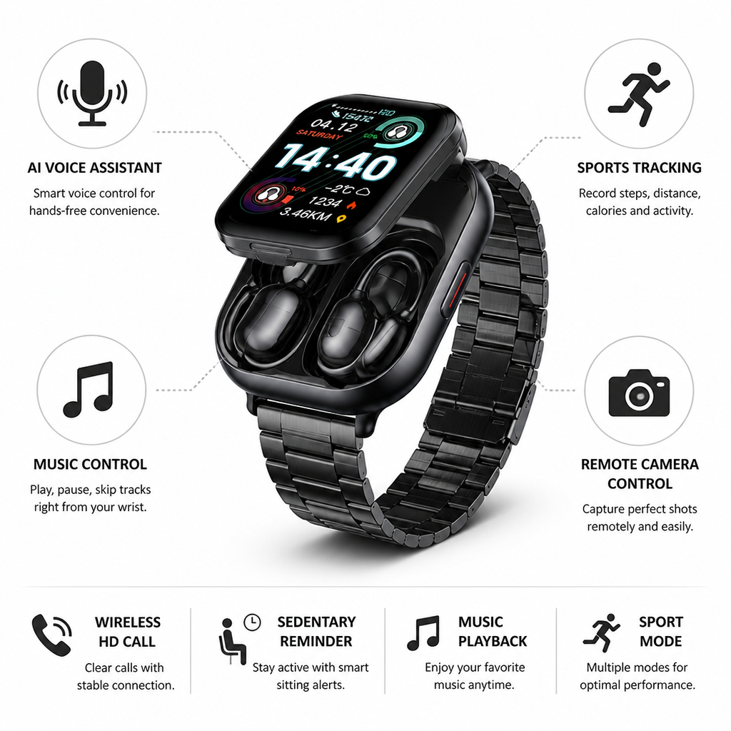 HD Touchscreen Smartwatch With Integrated Wireless Earbuds
