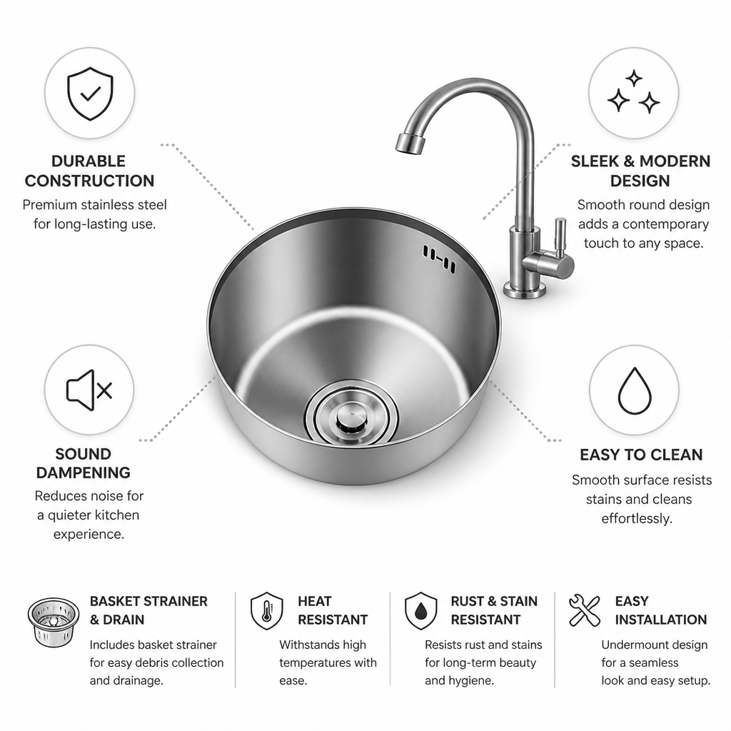 Premium Undermount Kitchen Sink | Stainless Steel Single Basin with Heat-Resistant Finish | Durable Design for Enhanced Kitchen Aesthetics