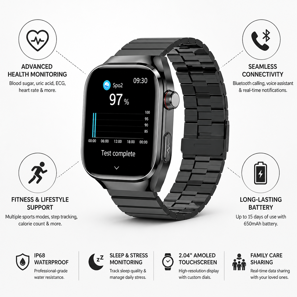 Health Monitor Smartwatch | Blood Sugar & ECG Tracking with AMOLED Display | 15-Day Battery Life
