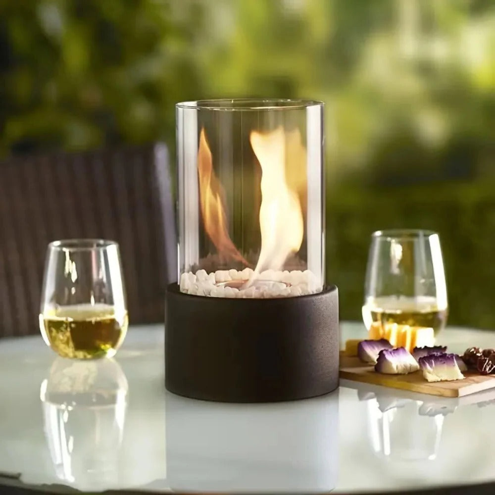 Compact Indoor Fire Pit with Glass and Metal Frame