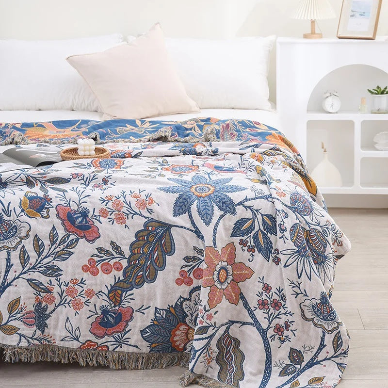 100% Cotton Jacquard Throw Blanket with Tassels – Reversible Floral Decorative Sofa Cover for All Seasons, Lightweight Woven Couch Throw