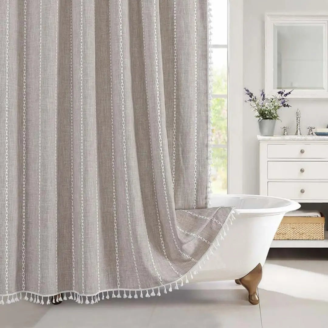 Textured Linen Shower Curtain with Tassel Trim – Waterproof Jacquard Fabric Bathroom Drape with Hooks – Boho Farmhouse Privacy Panel for