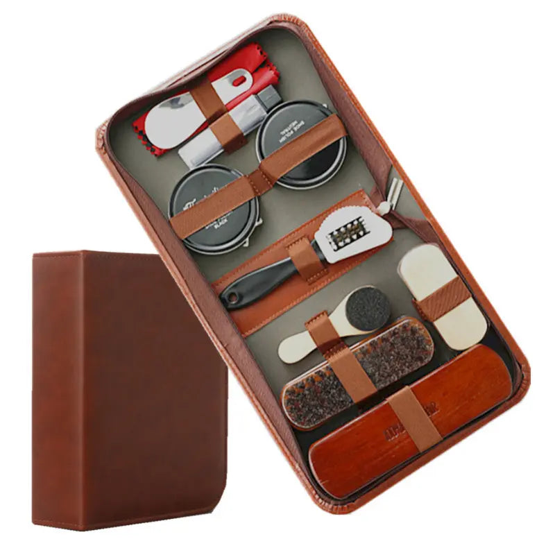 LuxeShine | 9-Piece Leather Shoe Care Kit with Premium Horsehair Brushes | Complete Cleaning Set for Pristine Footwear