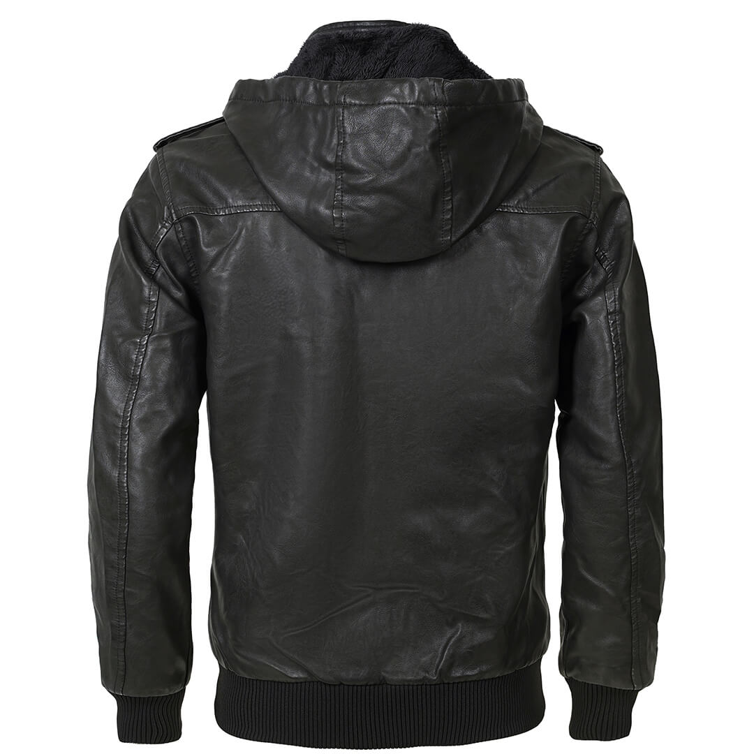 Men's Hooded Faux Leather Jacket – Water-Resistant Moto Coat with Removable Hood for Everyday Wear