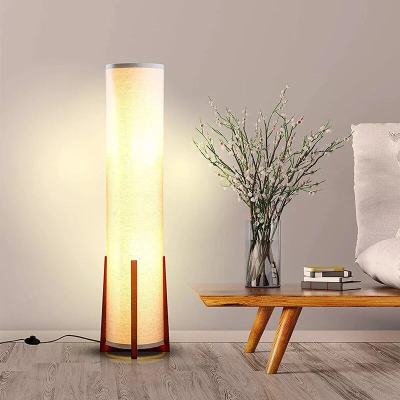 Wooden Standing Lamp with Cylinder Fabric Shade 47 in Tall Ambient Light for Living Room Bedroom Reading Corner Modern Neutral Decor Accent