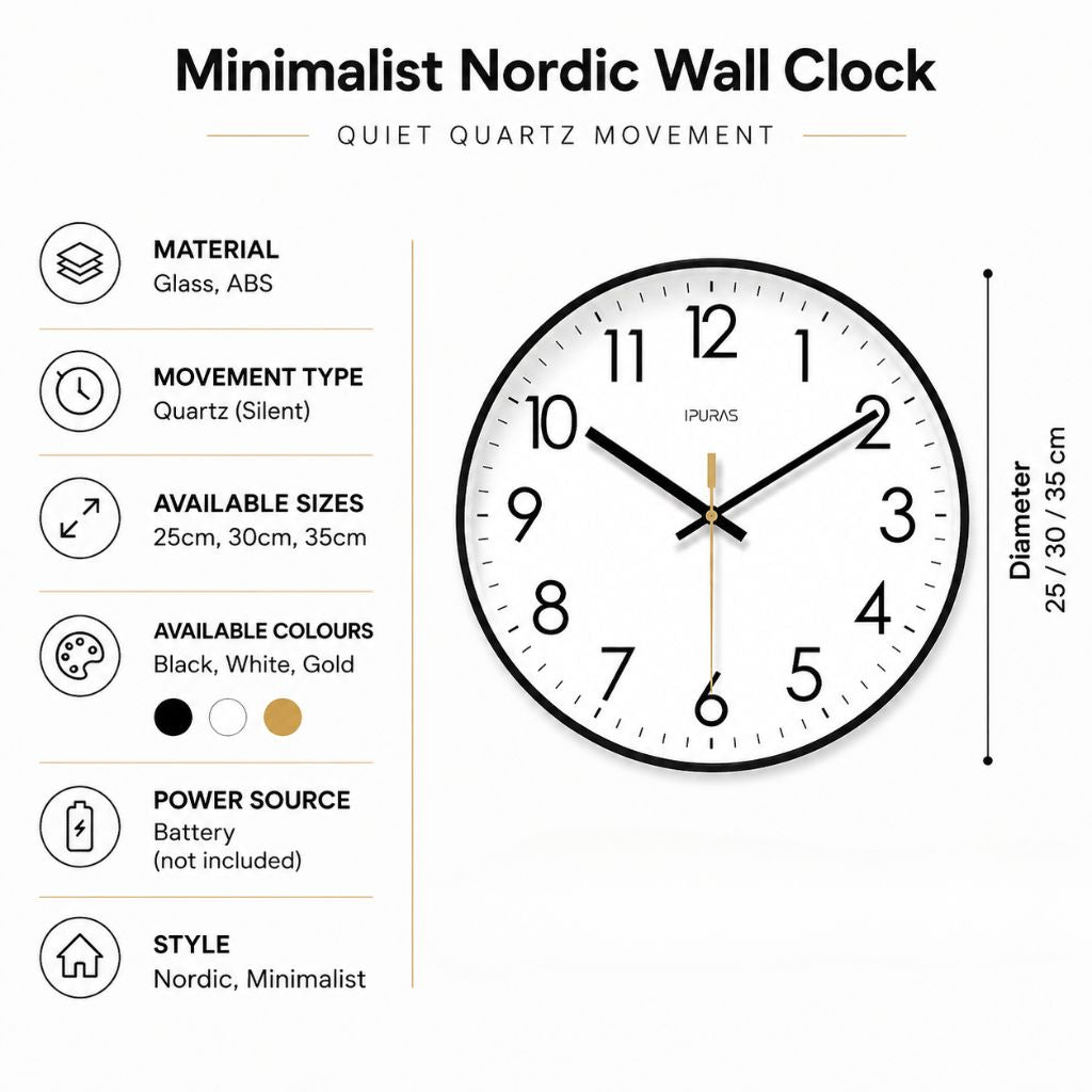 Silent Wall Clock with Glass Face – Modern Scandinavian Design for Home & Office – 10, 12 or 14 Inch