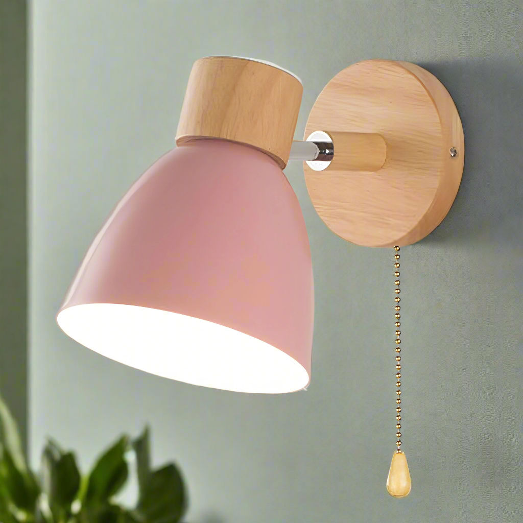 Wood & Metal Wall Sconce with Pull Chain for Bedroom, Living Room, Hallway — Simple Warm-Tone Accent Light