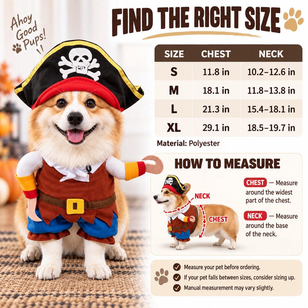 Ortekor Funny Pirate Dog Costume with Hat & Hook Arms - Complete Halloween Party & Photo Outfit for an Instant 3D Pirate Look