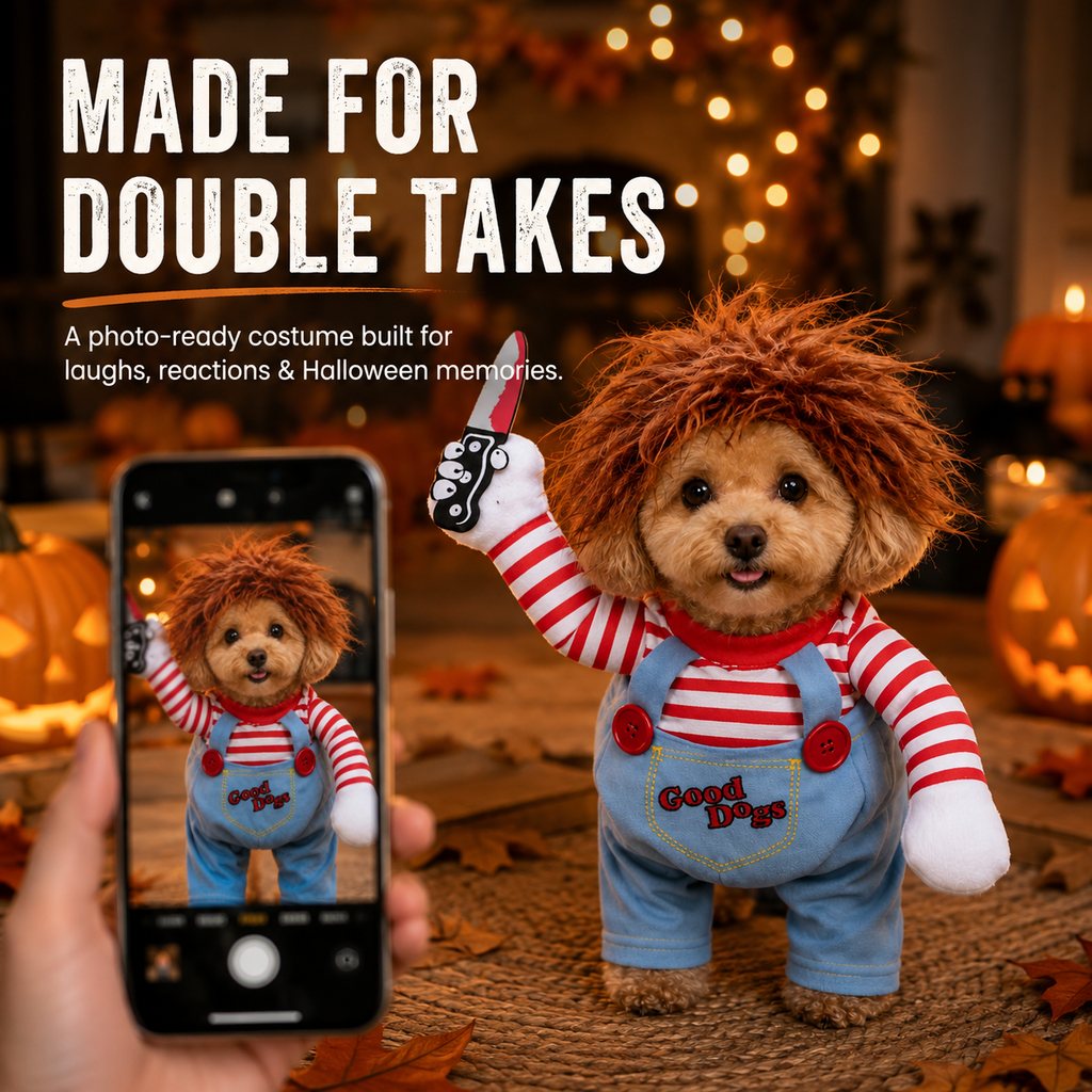Ortekor Scary Doll Dog Halloween Costume with Wig & Toy Knife โ 3-Piece Walking Illusion Set for Trick-or-Treating & Parties