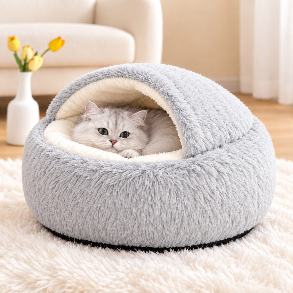 Ortekor Calming Semi-Enclosed Cat Bed for Cozy Sleep, Soft Warm Cave Bed for Indoor Cats & Small Pets