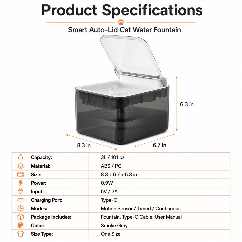 Ortekor Smart Auto-Lid Cat Water Fountain for Busy Cat Parents - 3L Cordless Pet Water Dispenser with Dust Cover, Motion Sensor & Type-C Charging