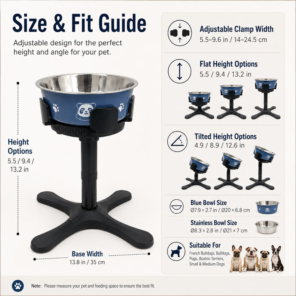 Ortekor French Bulldog Adjustable Elevated Tilted Dog Bowl for Kitchen Feeding Corners - 3-Height Stand with Slow Feeder Insert to Reduce Neck Bending & Mess