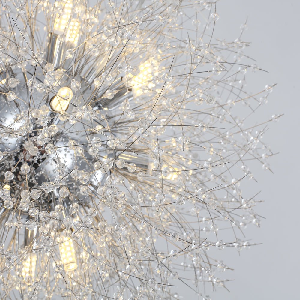 Starburst Crystal Chandelier 31.5 Inch Metal Brass Chrome Adjustable Height Dining Room Entryway Ceiling Light Fixture with G9 Sockets