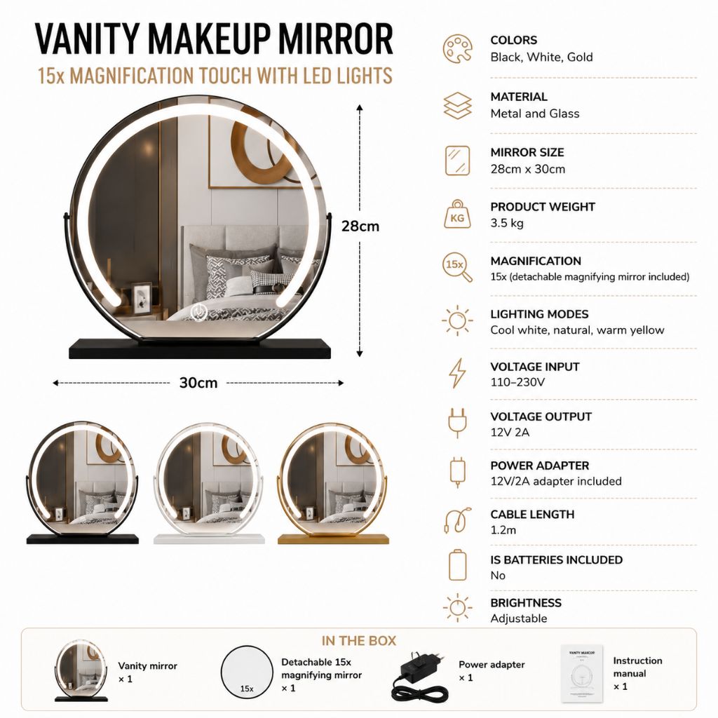LED Lighted Makeup Mirror 15x Magnifying Touch Adjustable Brightness Vanity Desktop Gold Black White Rotating Frame 3 Light Modes for