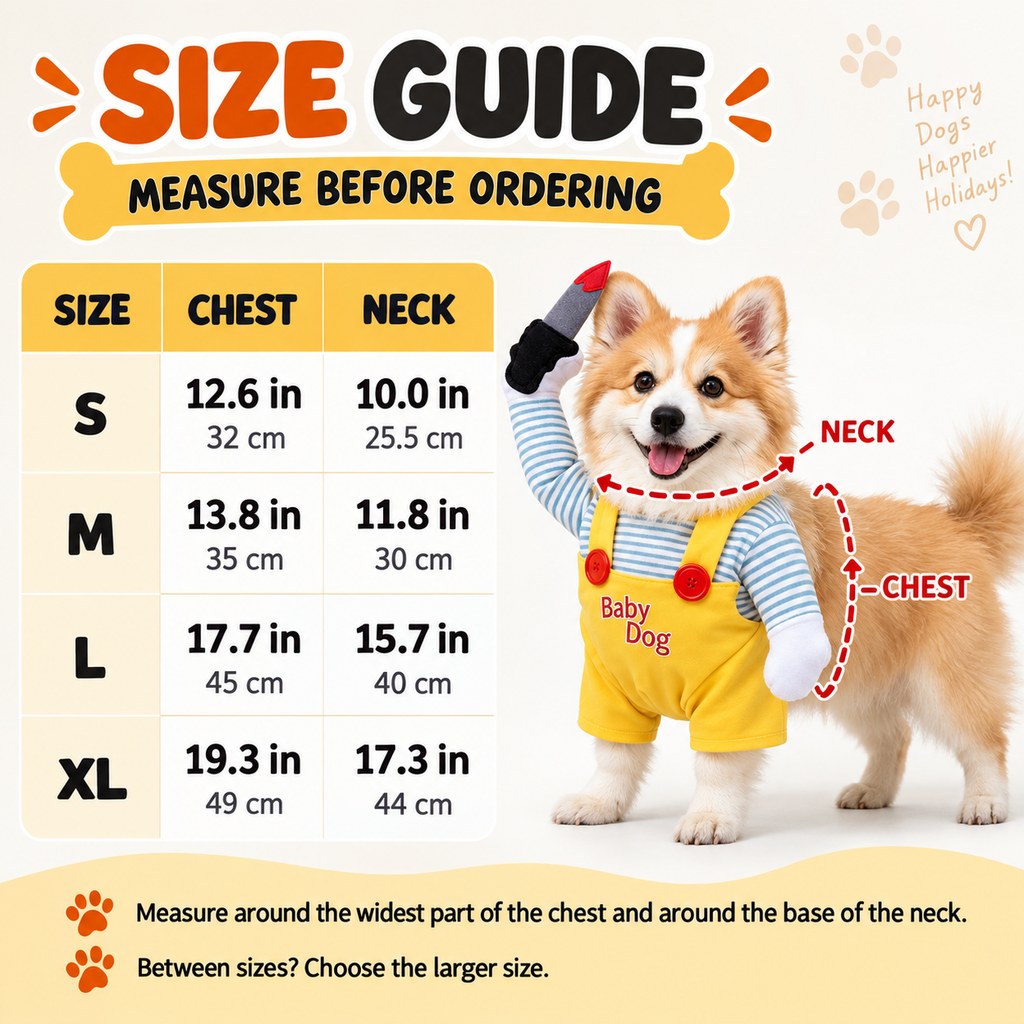 Ortekor Funny Horror Doll Dog Halloween Costume with Faux Knife - 3D Party & Photo Outfit for an Instant Spooky Look