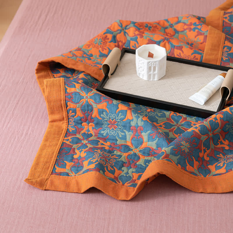 Six-Layer Cotton Quilt Reversible Lightweight Blanket Orange Blue Geometric Pattern for Year-Round Comfort Bedroom Guest Room