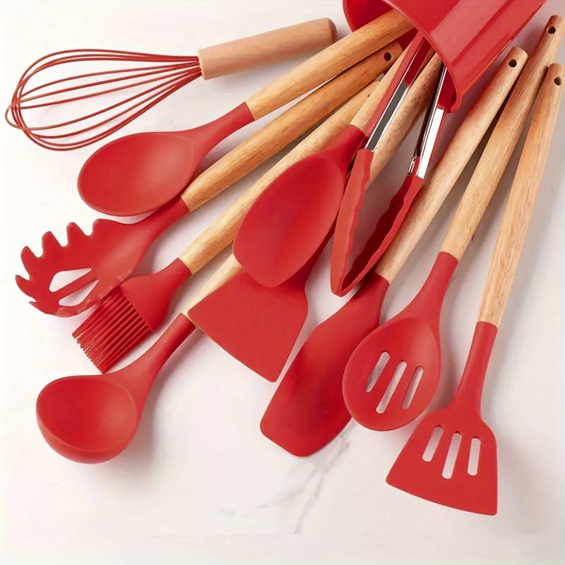 12-Piece Silicone Cooking Utensil Set with Wood Handles Heat Resistant Kitchen Tools for Nonstick Cookware Home Chef Spatula Spoon Whisk
