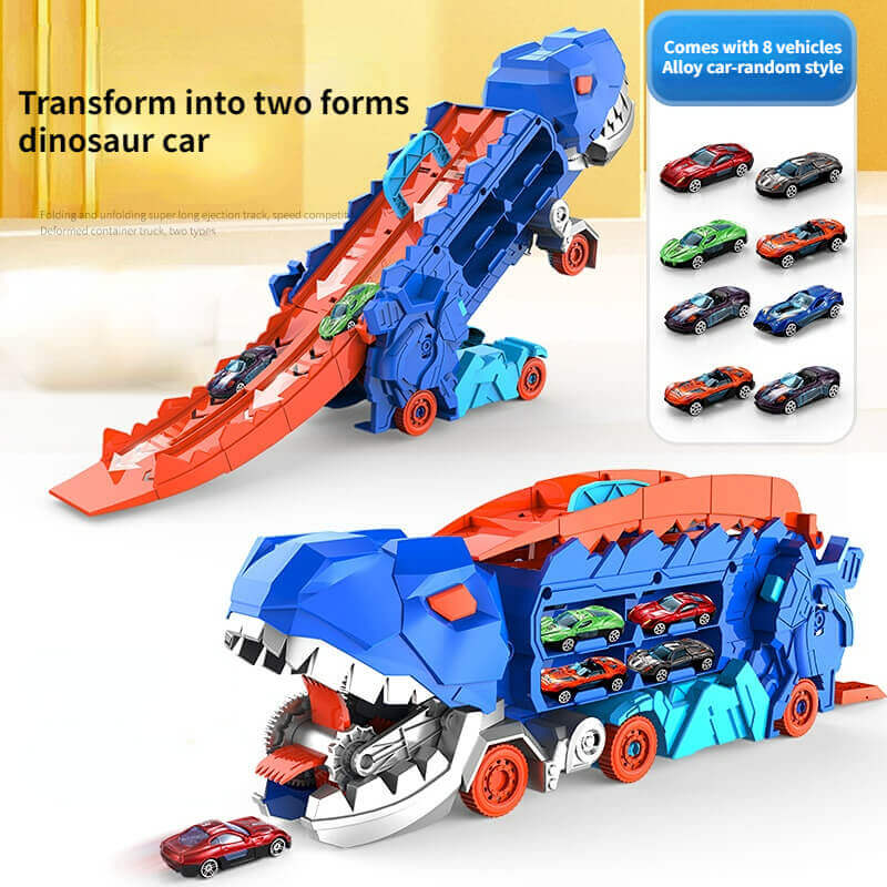 Dinosaur Carrier Truck with Race Track & Die-Cast Cars for Kids - 3-in-1 Transforming T-Rex Hauler for Boys & Girls