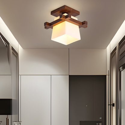Square Flush Mount Overhead Light Fixture E27 Socket 7.9 Inch White Wood Accent for Bedroom Hallway Living Room Minimalist Scandinavian Mode