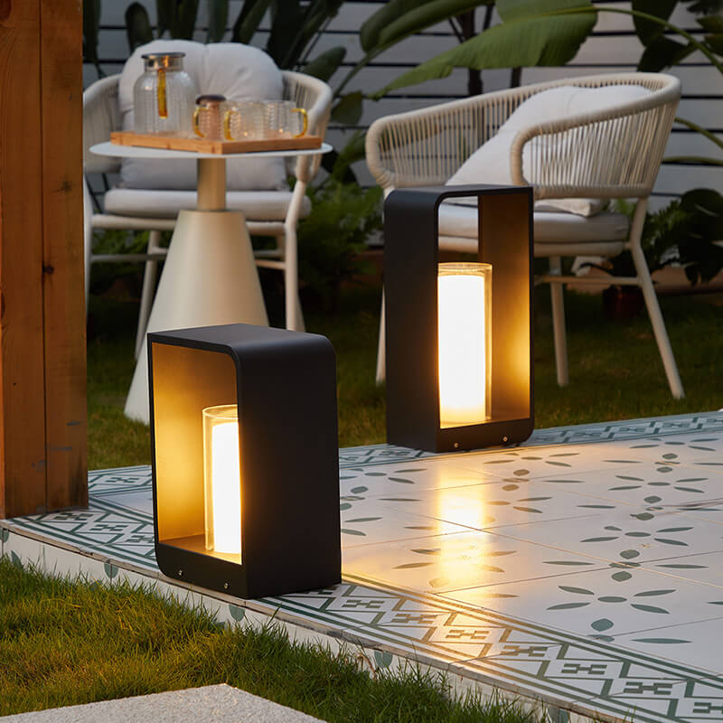 Outdoor Cube Post Light Black Steel LED Garden Pathway Stake for Yard Patio Walkway Deck Solar & Hardwired