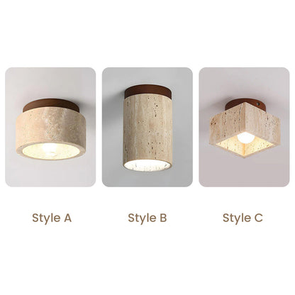 Natural Stone Flush Mount Light with Wooden Accent E26 Base for Bedroom Entryway Living Space Low-Profile Fixture Ambient Overhead Lighting