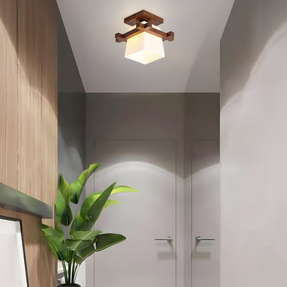 Square Flush Mount Overhead Light Fixture E27 Socket 7.9 Inch White Wood Accent for Bedroom Hallway Living Room Minimalist Scandinavian Mode