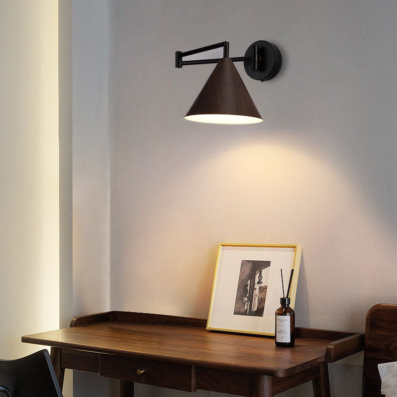 Swing Arm Wall Sconce with Conical Shade for Bedside Reading, Adjustable Iron Fixture in Walnut Finish, E26 Base, Bedroom Task Light