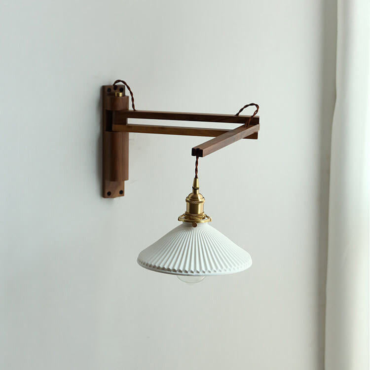 Swing-Arm Sconce with Ribbed Glass Shade 8.3 Inch Light Wood Walnut Brass Accent Fixture for Bedroom Hallway Entryway Reading Adjustable Mou