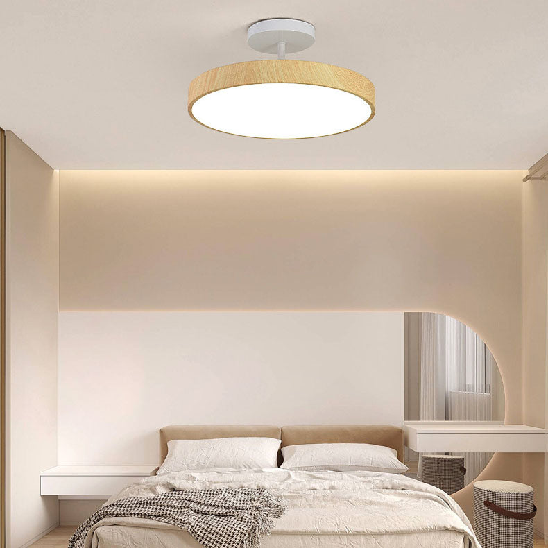 Round Iron Ceiling Light with Wood Grain Finish - Integrated LED Semi-Flush for Bedroom, Living Room & Hallway