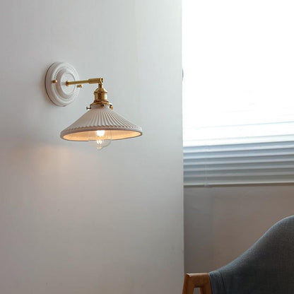 Handcrafted Porcelain Shade Brass Wall Light Fixture Single Bulb Hardwired Sconce for Bedroom Hallway Entryway Vintage Home Decor