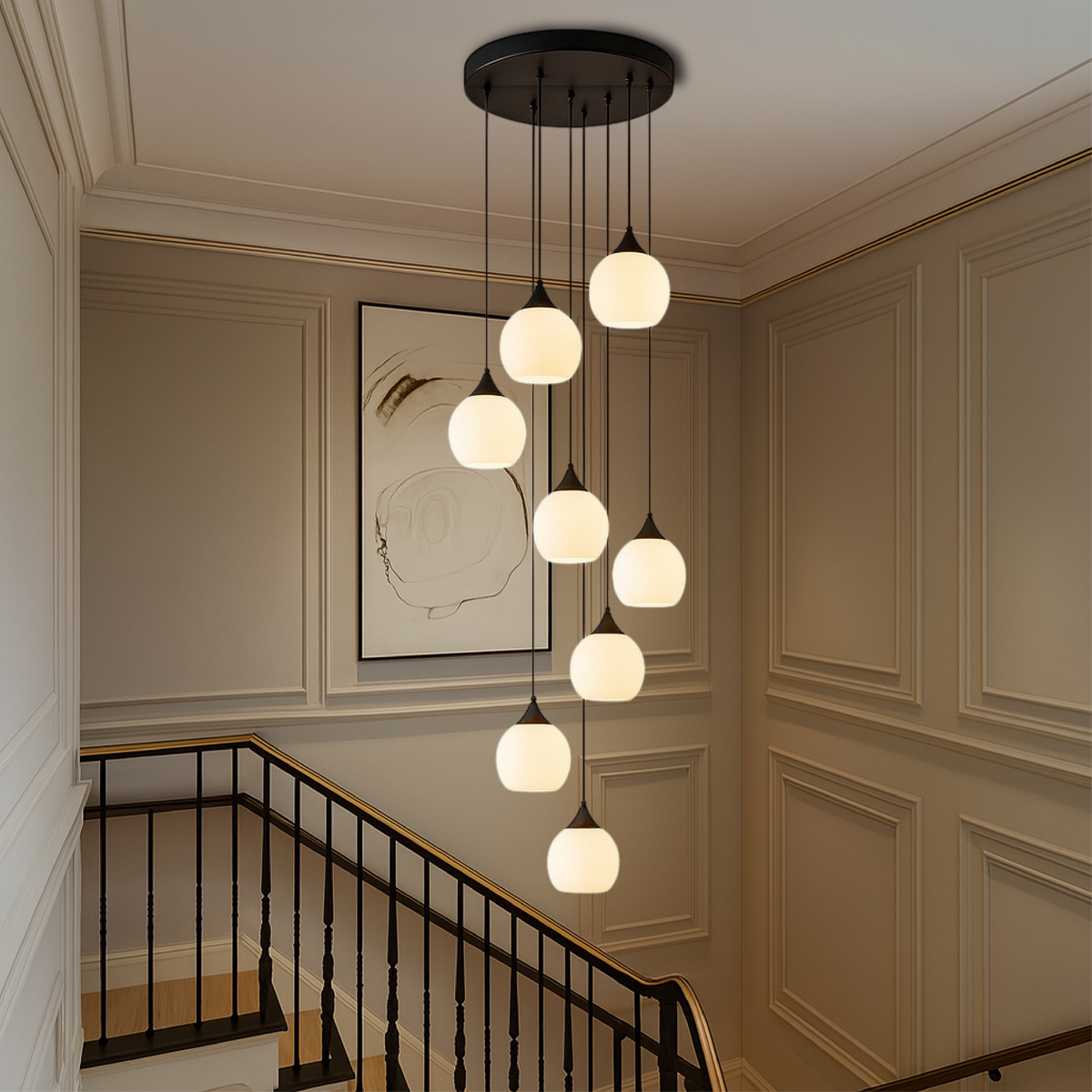 Multi-Drop Glass Globe Stairwell Fixture with Height-Adjustable Cable System for Vertical Spaces Black LED Illumination Mezzanine Entryway F