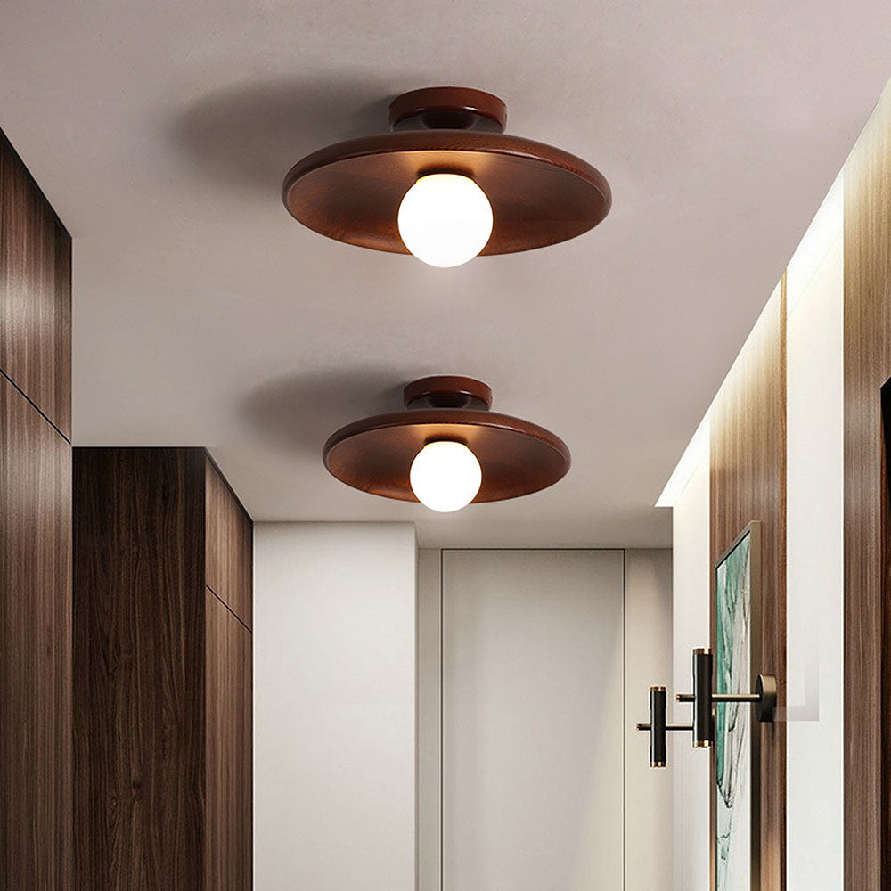 Wooden Globe LED Flush Mount Light 6 in Height Warm Glow for Bedroom Hallway Low Ceiling Compact Modern Nordic Style Natural Timber Finish A