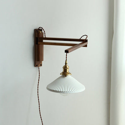 Extending Wall Sconce with Ribbed Glass Shade and Wood Arm for Bedroom, Living Room & Hallway Reading Light
