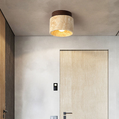Natural Stone Flush Mount Light with Wooden Accent E26 Base for Bedroom Entryway Living Space Low-Profile Fixture Ambient Overhead Lighting