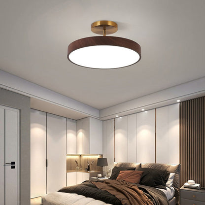 Round Iron Ceiling Light with Wood Grain Finish - Integrated LED Semi-Flush for Bedroom, Living Room & Hallway