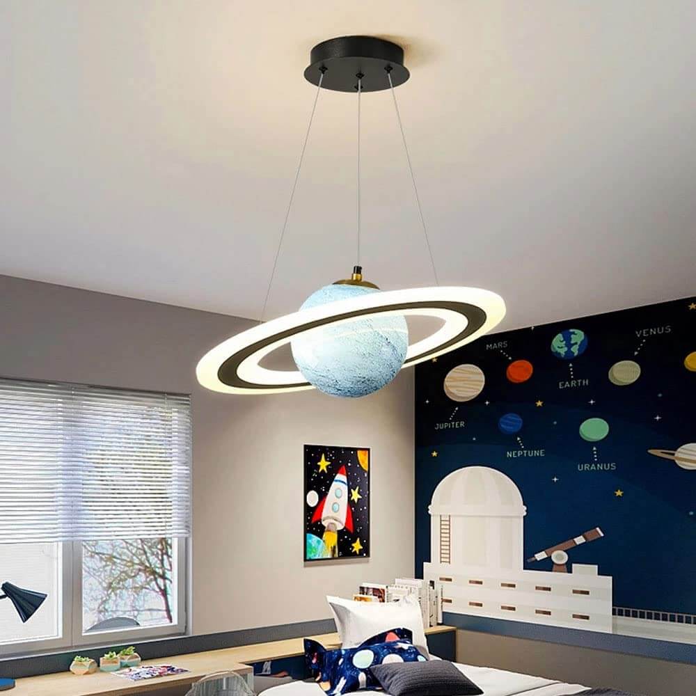 Space Planet LED Pendant Light for Kids Room – Glowing Saturn & Earth Ceiling Lamp with Astronaut Option
