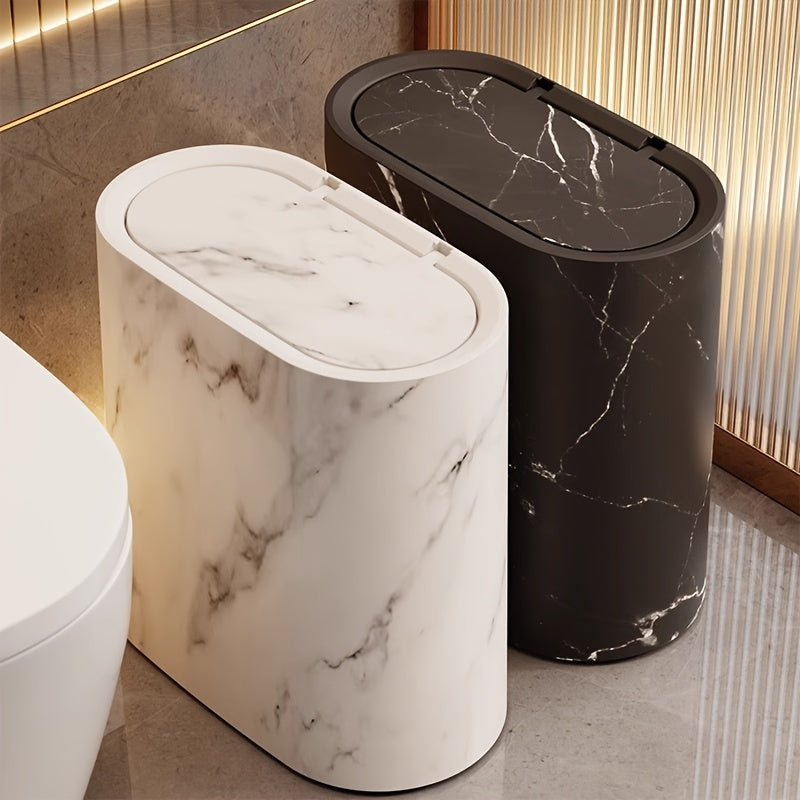 Waste Basket with Hinged Lid for Small Spaces – Oval Desktop Garbage Can for Bathroom, Bedroom, Office & Vanity