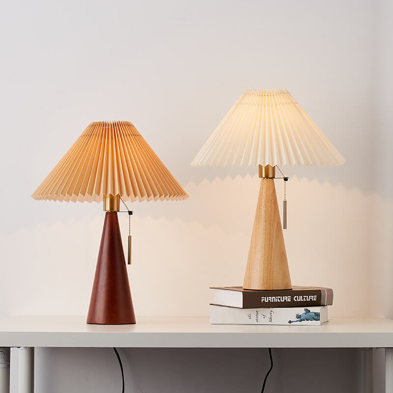 Wooden Bedside Lamp with Pleated Shade 14 in Dimmable Fabric Accent Light for Bedroom Living Room Reading Nook Japandi Scandinavian Decor