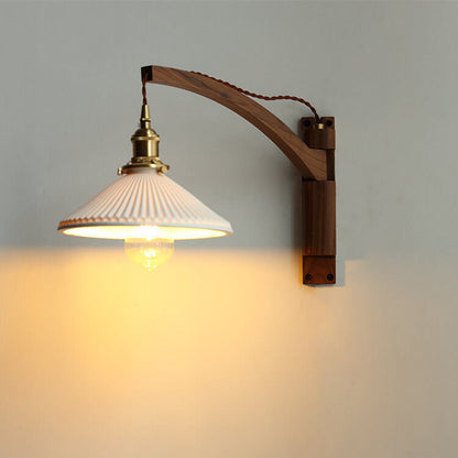 Extending Wall Sconce with Ribbed Glass Shade and Wood Arm for Bedroom, Living Room & Hallway Reading Light