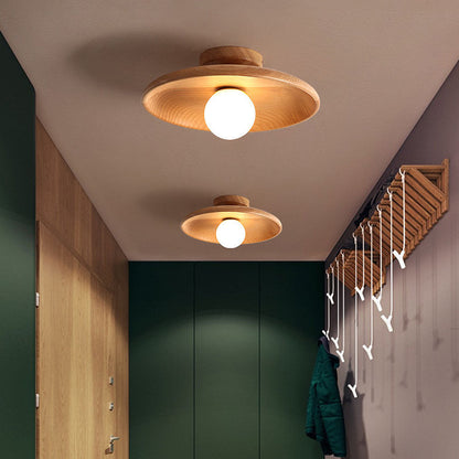 Wooden Globe LED Flush Mount Light 6 in Height Warm Glow for Bedroom Hallway Low Ceiling Compact Modern Nordic Style Natural Timber Finish A