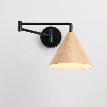 Swing Arm Wall Sconce with Conical Shade for Bedside Reading, Adjustable Iron Fixture in Walnut Finish, E26 Base, Bedroom Task Light