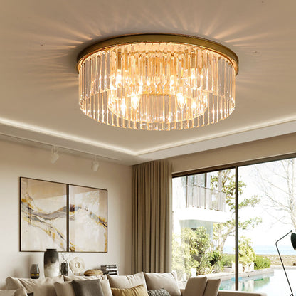 Flush Mount Fixture with Sparkling Accents 16 Inch Brushed Brass Metal Frame Crystal Drops for Entryway Dining Room Bedroom Den Four Bulb So