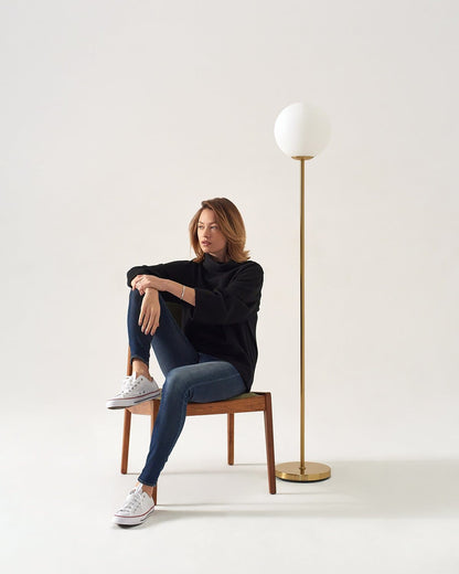 Brass Globe Standing Lamp 65 Inch Tall for Living Rooms Bedrooms Reading Corners Warm Ambient Lighting Metal Frame Foot Switch Modern Minima